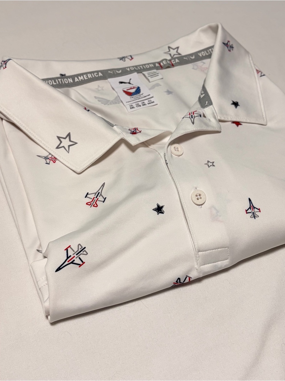 Puma Volition America Polo Shirt Mens XXL White Stars Jets Patriotic Print